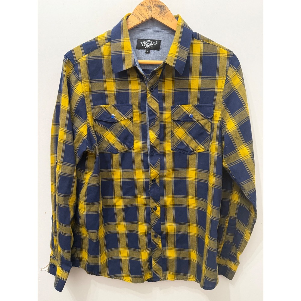 Eighty Eight Men's Yellow Navy Blue Plaid Pearl Snap Pocket Shirt Size M